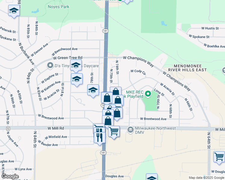 map of restaurants, bars, coffee shops, grocery stores, and more near 6635 North 75th Street in Milwaukee