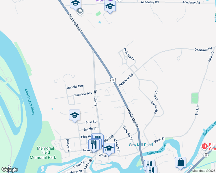 map of restaurants, bars, coffee shops, grocery stores, and more near 202 Pembroke Street in Suncook