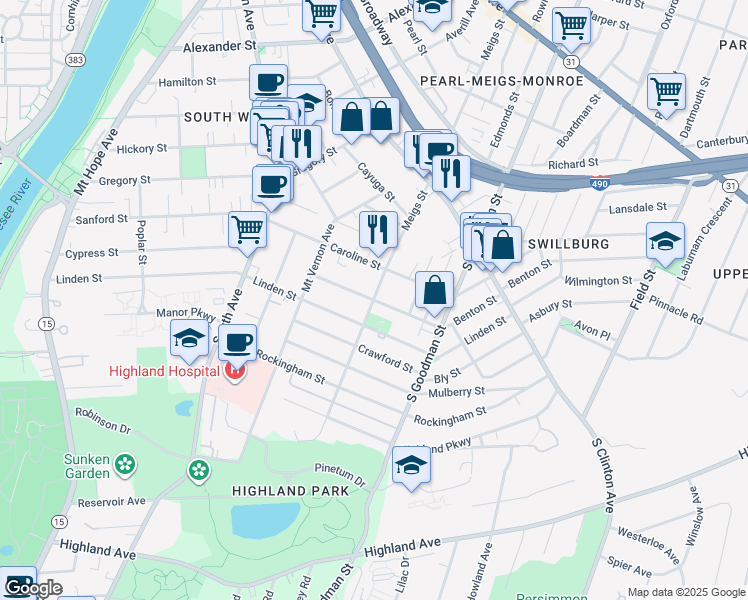 map of restaurants, bars, coffee shops, grocery stores, and more near Meigs Street & Benton Street in Rochester
