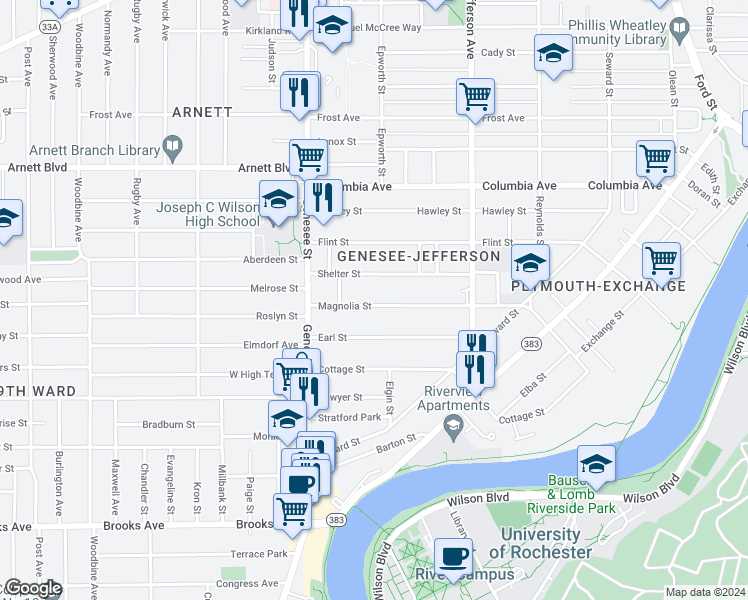 map of restaurants, bars, coffee shops, grocery stores, and more near 380 Magnolia Street in Rochester