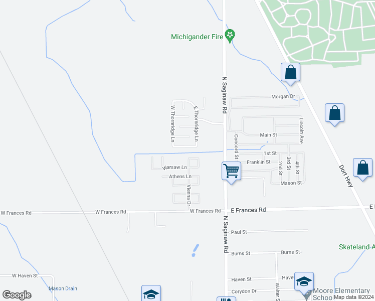 map of restaurants, bars, coffee shops, grocery stores, and more near 207 South Thornridge Lane in Mount Morris