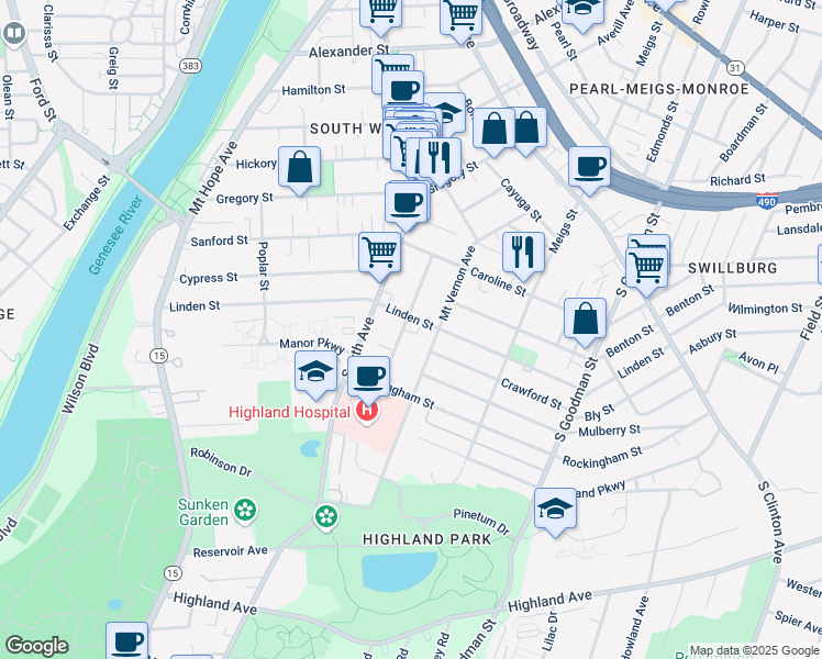 map of restaurants, bars, coffee shops, grocery stores, and more near 358 Linden Street in Rochester
