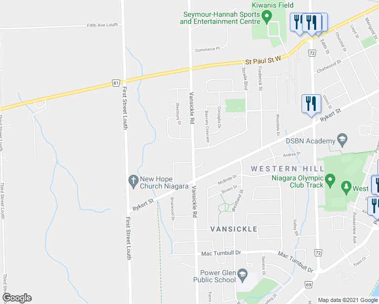 map of restaurants, bars, coffee shops, grocery stores, and more near 233 Vansickle Road in St. Catharines