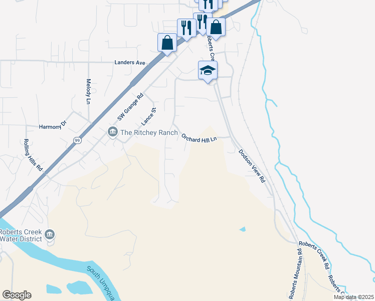 map of restaurants, bars, coffee shops, grocery stores, and more near 135 Cloudcrest Court in Roseburg