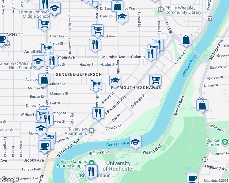 map of restaurants, bars, coffee shops, grocery stores, and more near 465 Seward Street in Rochester