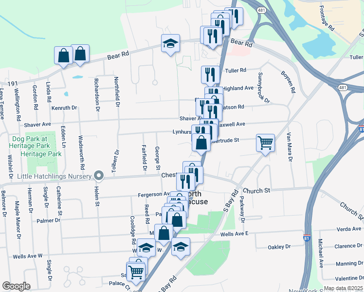 map of restaurants, bars, coffee shops, grocery stores, and more near 119-121 Lynhurst Avenue in North Syracuse