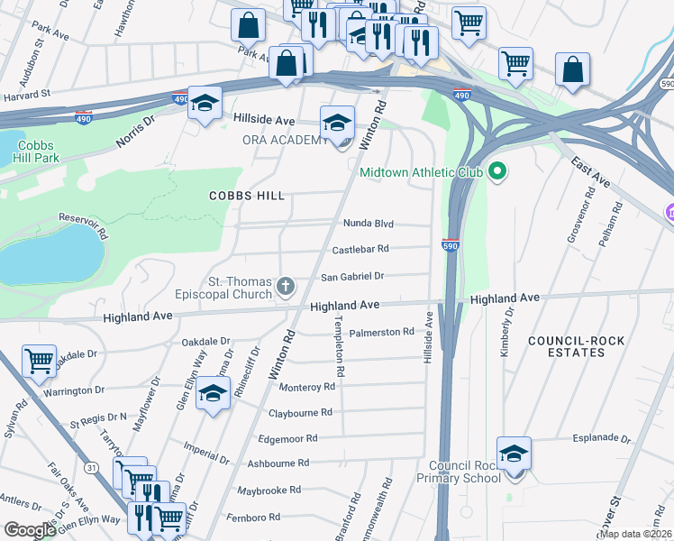 map of restaurants, bars, coffee shops, grocery stores, and more near 165 Castlebar Road in Rochester