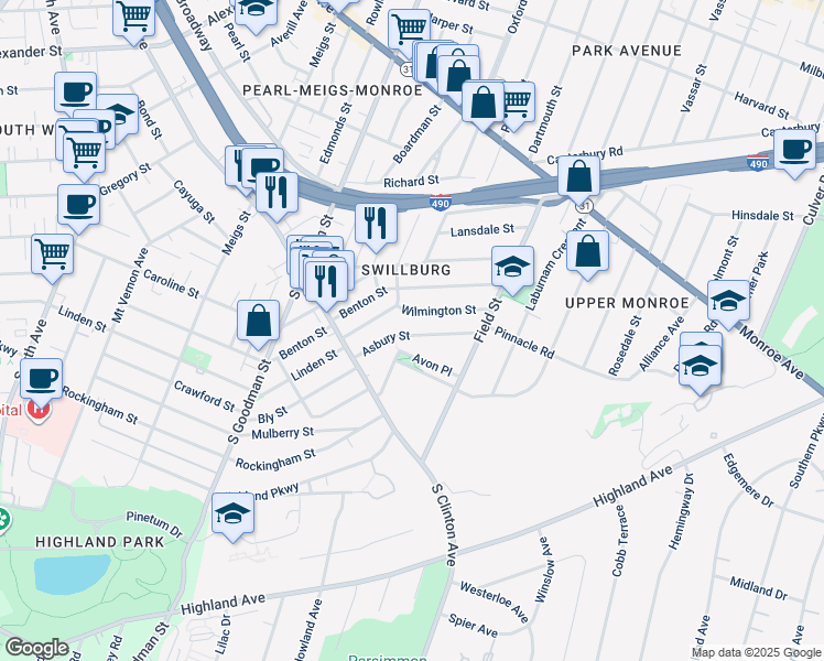 map of restaurants, bars, coffee shops, grocery stores, and more near 17 Wilmington Street in Rochester