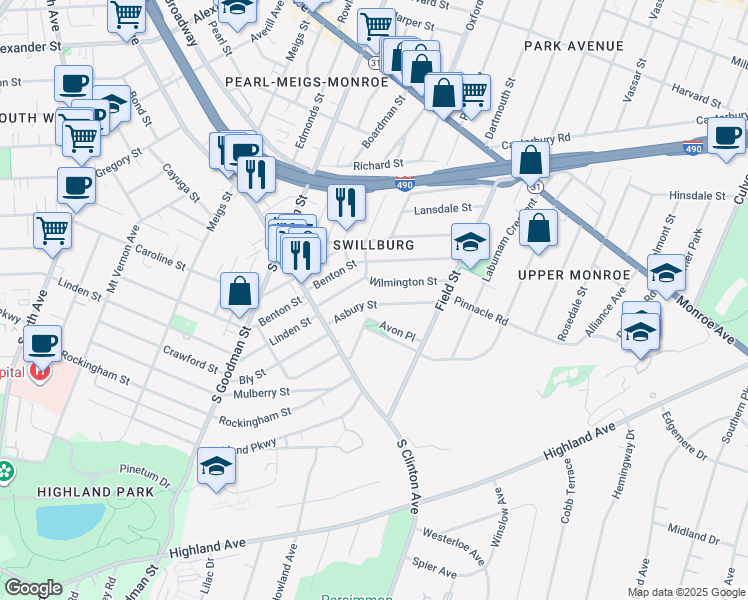 map of restaurants, bars, coffee shops, grocery stores, and more near 17 Wilmington Street in Rochester