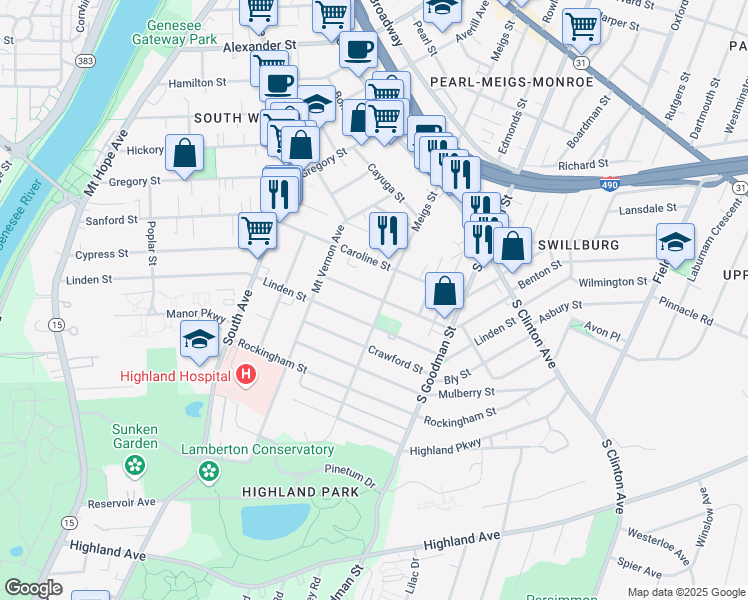 map of restaurants, bars, coffee shops, grocery stores, and more near 72 Benton Street in Rochester