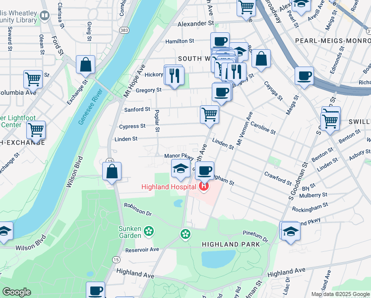 map of restaurants, bars, coffee shops, grocery stores, and more near 56 Manor Parkway in Rochester