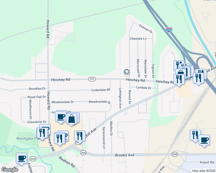 map of restaurants, bars, coffee shops, grocery stores, and more near 401 Hinchey Road in Rochester