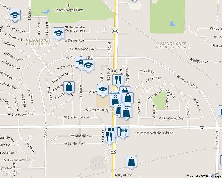 map of restaurants, bars, coffee shops, grocery stores, and more near 6626 North 77th Street in Milwaukee
