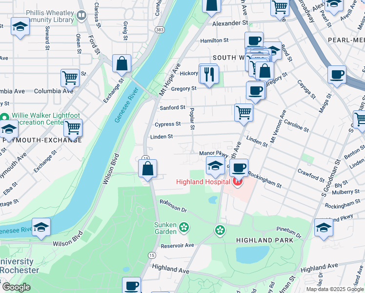 map of restaurants, bars, coffee shops, grocery stores, and more near 156 Manor Parkway in Rochester