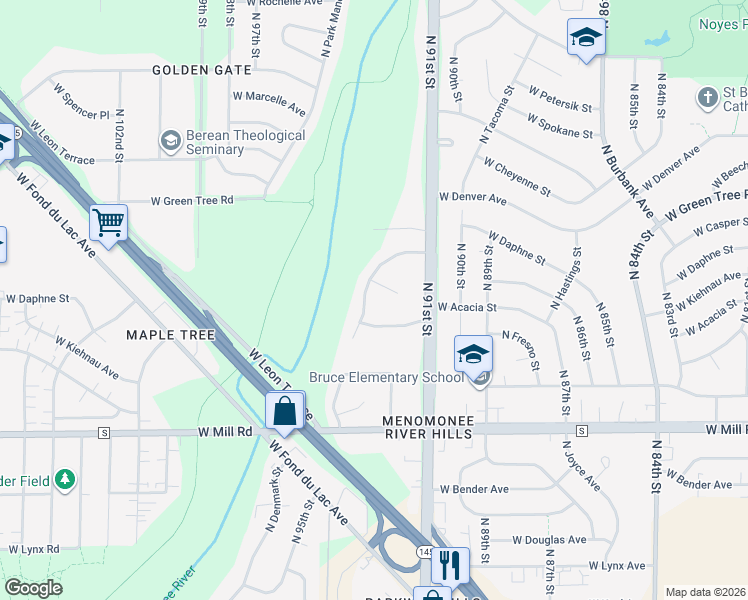 map of restaurants, bars, coffee shops, grocery stores, and more near 9327 West Ryan Court in Milwaukee