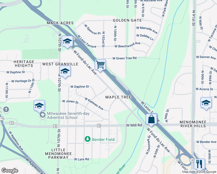 map of restaurants, bars, coffee shops, grocery stores, and more near West Fond Du Lac Avenue & North Bourbon Street in Milwaukee