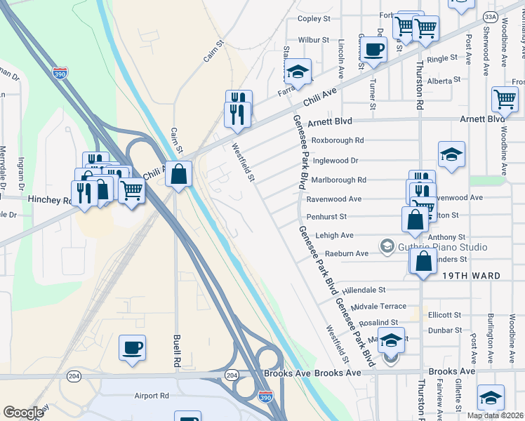 map of restaurants, bars, coffee shops, grocery stores, and more near 147 Westfield Street in Rochester