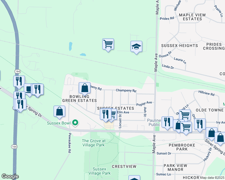 map of restaurants, bars, coffee shops, grocery stores, and more near Champeny Road in Sussex