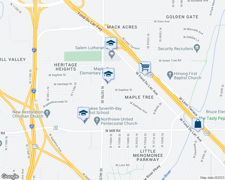 map of restaurants, bars, coffee shops, grocery stores, and more near N 106th St & W Daphne St in Milwaukee