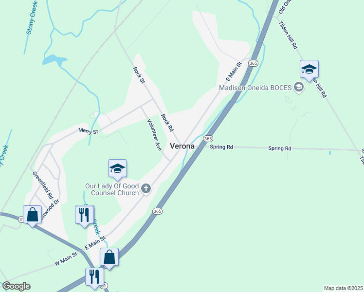 map of restaurants, bars, coffee shops, grocery stores, and more near 5718 East Main Street in Verona