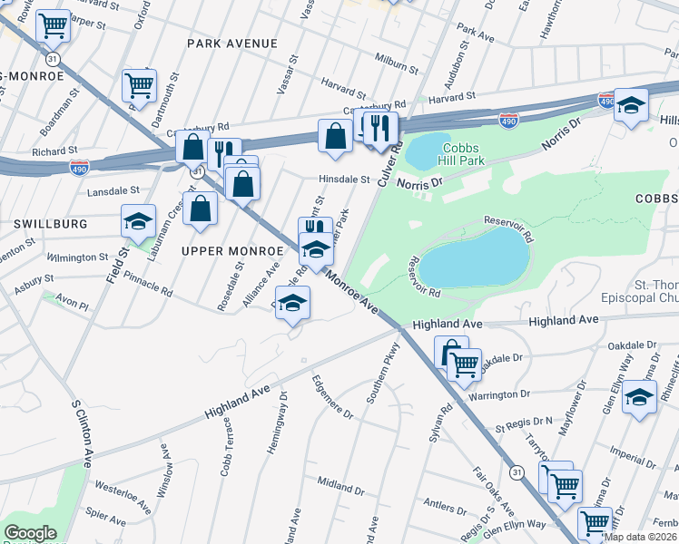 map of restaurants, bars, coffee shops, grocery stores, and more near 17 Culver Road in Rochester