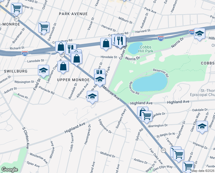 map of restaurants, bars, coffee shops, grocery stores, and more near in Rochester