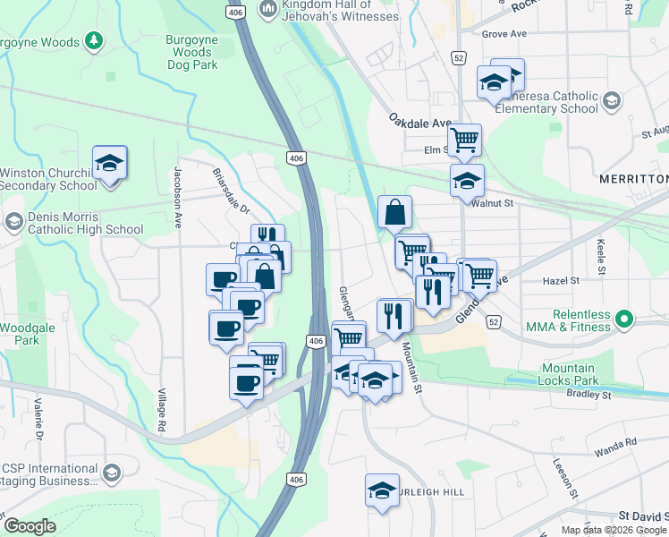 map of restaurants, bars, coffee shops, grocery stores, and more near 33 Glengarry Road in St. Catharines