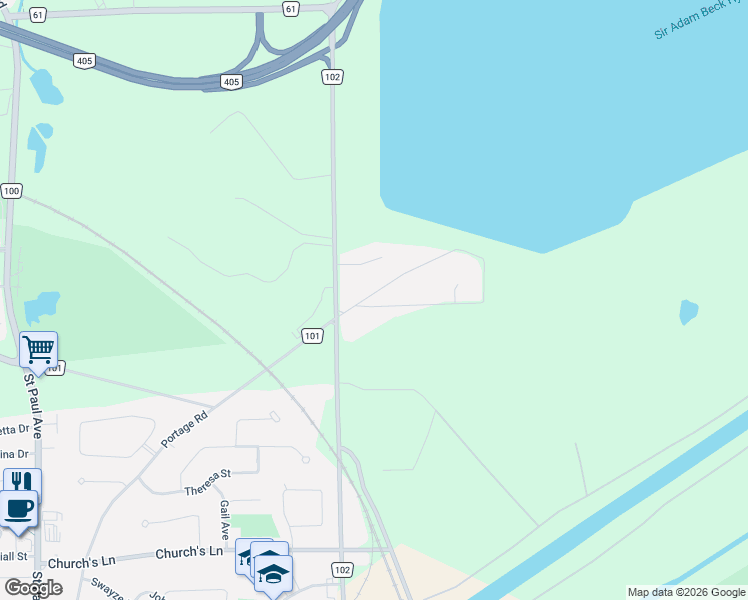 map of restaurants, bars, coffee shops, grocery stores, and more near 2459 Thompson Road in Niagara Falls