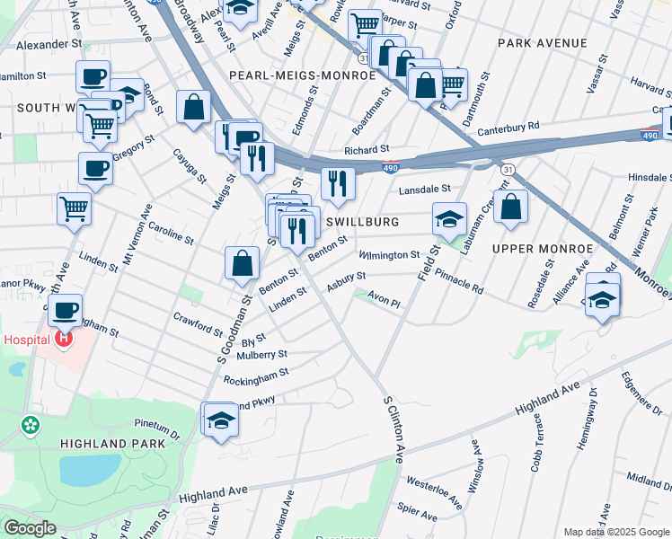 map of restaurants, bars, coffee shops, grocery stores, and more near 43 Beaufort Street in Rochester