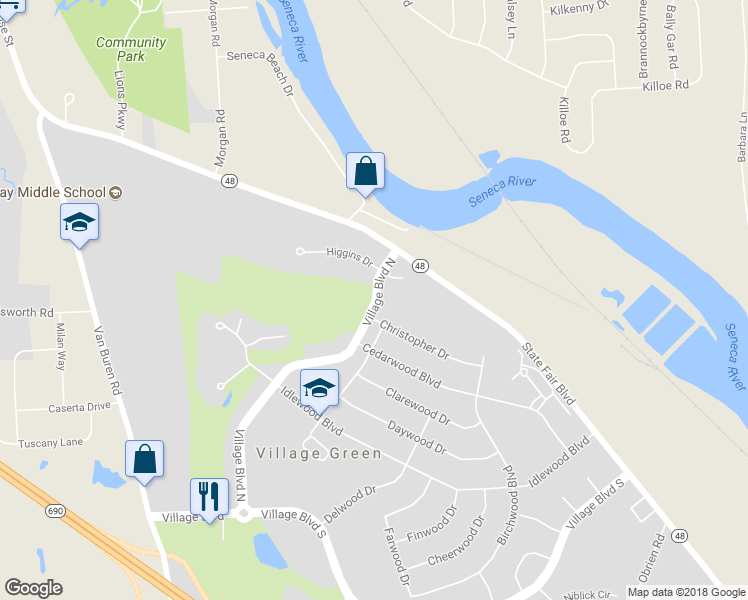 map of restaurants, bars, coffee shops, grocery stores, and more near 374 Village Boulevard North in Baldwinsville