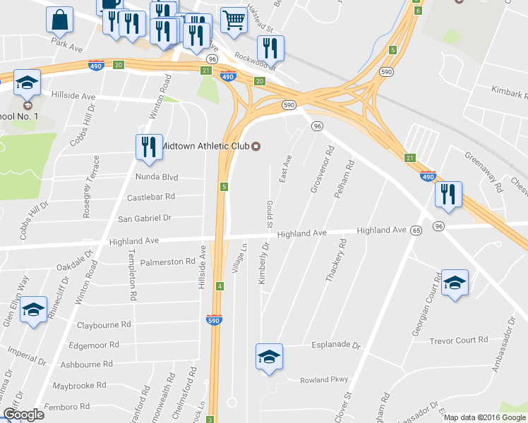 map of restaurants, bars, coffee shops, grocery stores, and more near 229 Gould Street in Rochester