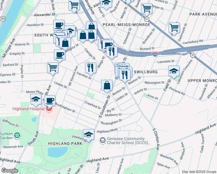 map of restaurants, bars, coffee shops, grocery stores, and more near 330 Caroline Street in Rochester