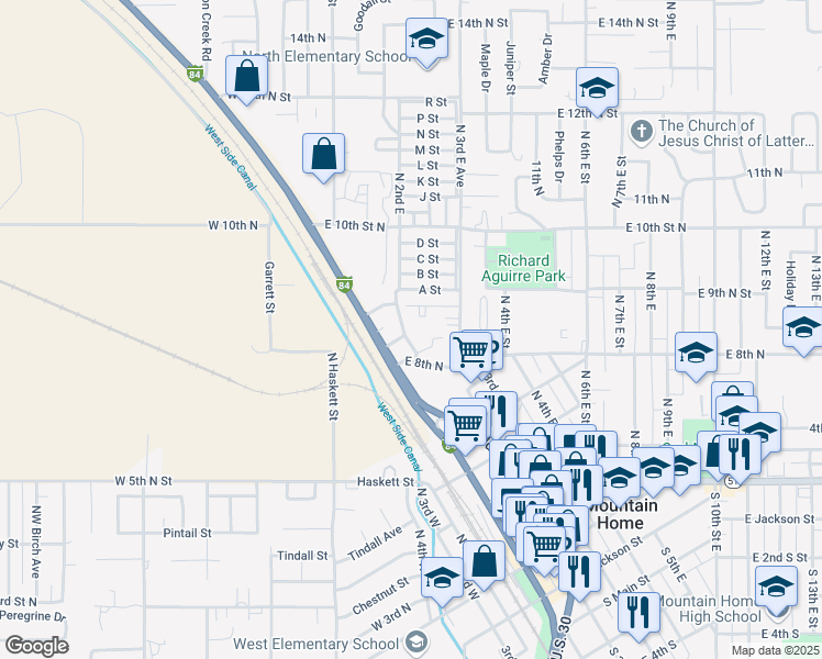 map of restaurants, bars, coffee shops, grocery stores, and more near 875 2 Desert Manor Court in Mountain Home