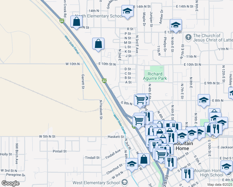 map of restaurants, bars, coffee shops, grocery stores, and more near 140 Bitterbrush Court in Mountain Home