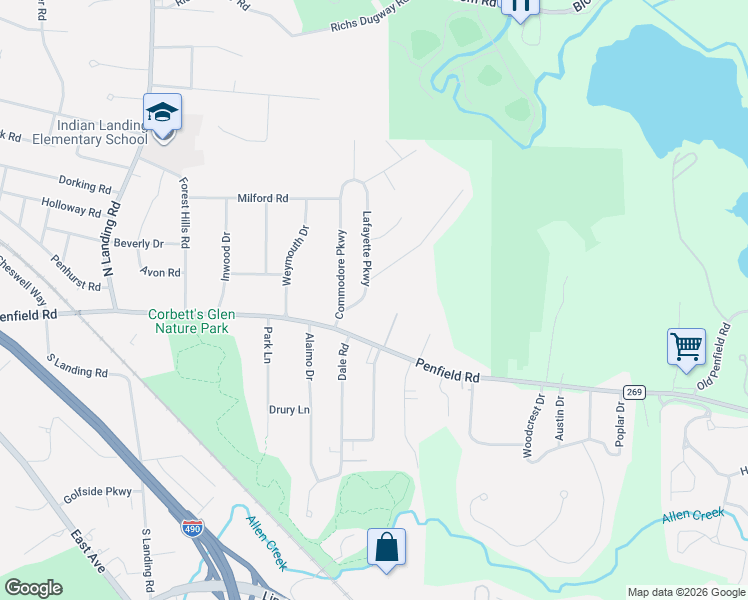 map of restaurants, bars, coffee shops, grocery stores, and more near 47 Lafayette Parkway in Rochester
