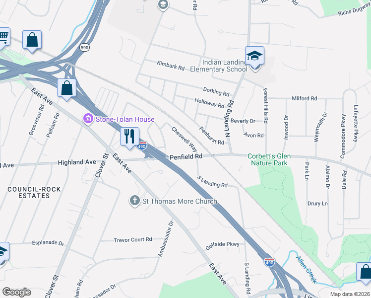 map of restaurants, bars, coffee shops, grocery stores, and more near 118 Cheswell Way in Rochester