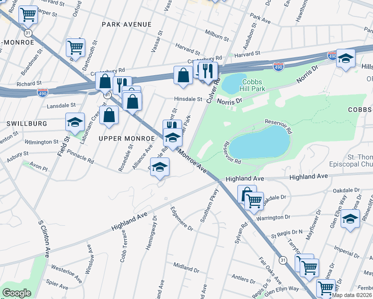 map of restaurants, bars, coffee shops, grocery stores, and more near in Rochester