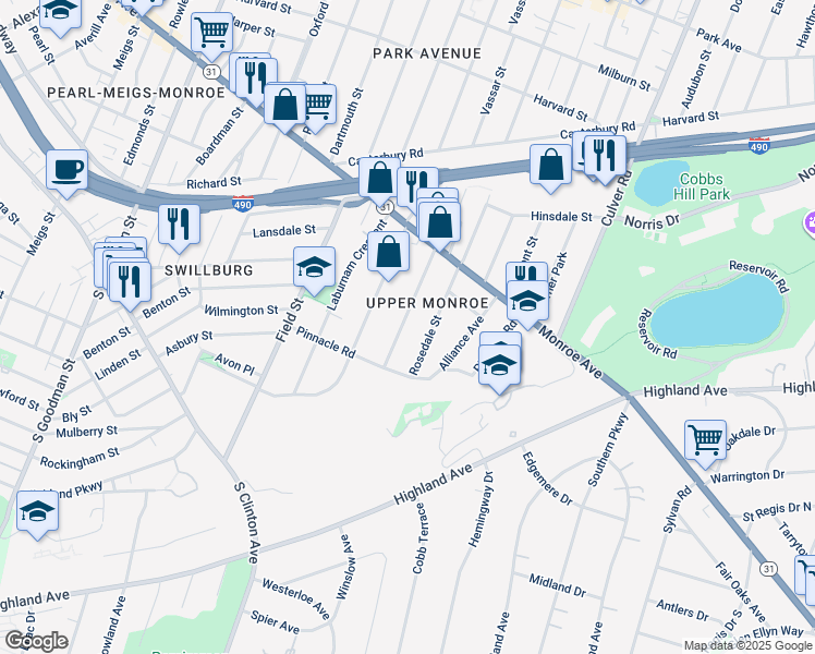 map of restaurants, bars, coffee shops, grocery stores, and more near 107 Shepard Street in Rochester