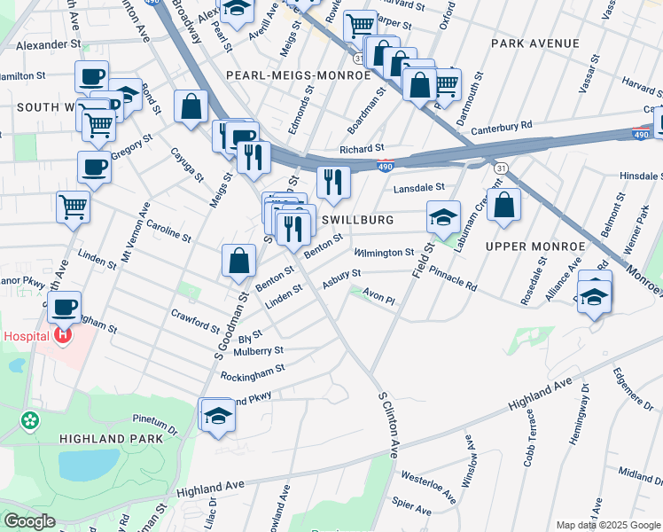 map of restaurants, bars, coffee shops, grocery stores, and more near 43 Beaufort Street in Rochester
