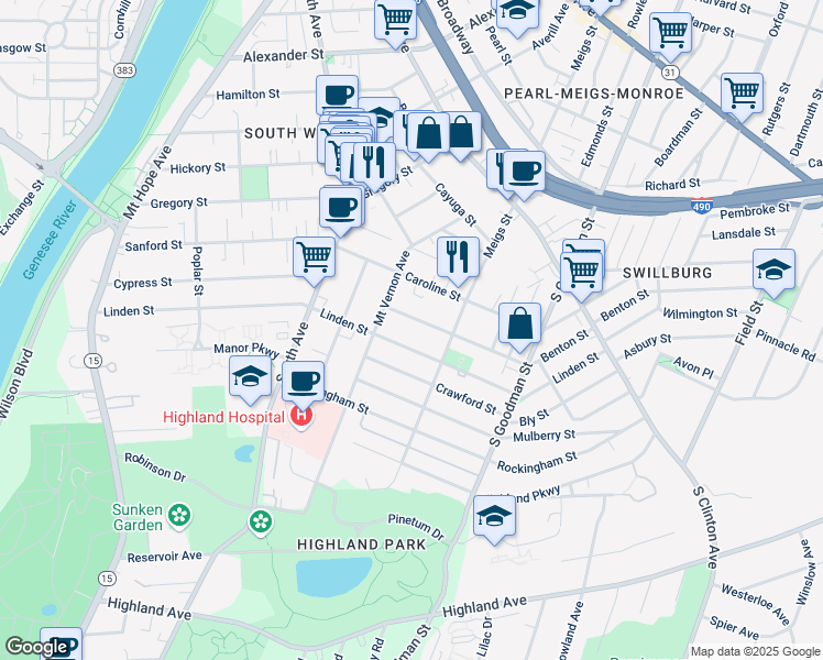 map of restaurants, bars, coffee shops, grocery stores, and more near 23 Benton Street in Rochester