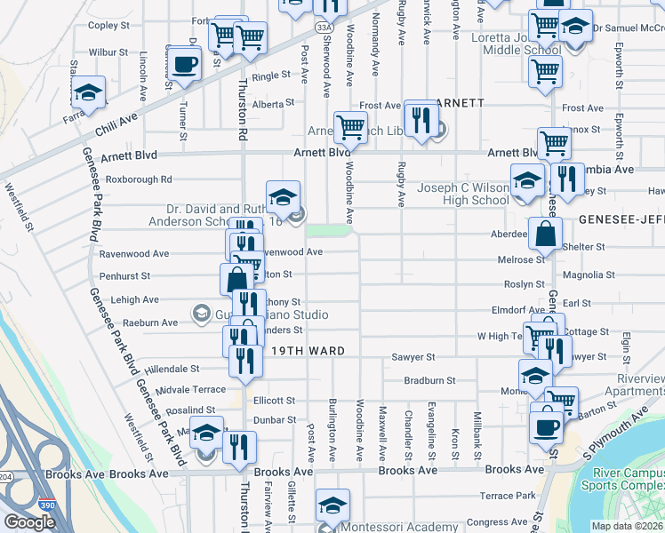 map of restaurants, bars, coffee shops, grocery stores, and more near 35 Ravenwood Avenue in Rochester
