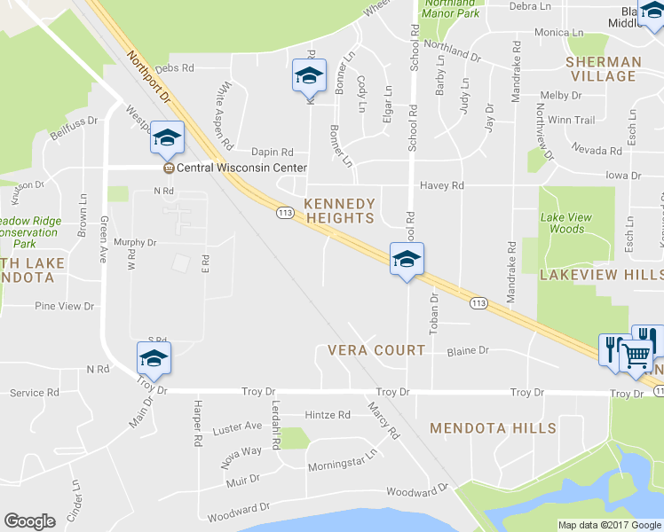 map of restaurants, bars, coffee shops, grocery stores, and more near 9 Northridge Terrace in Madison