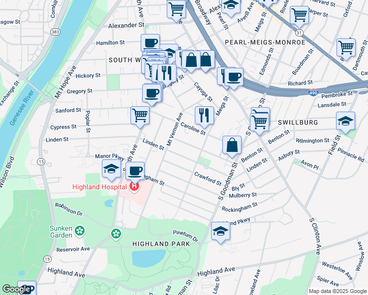 map of restaurants, bars, coffee shops, grocery stores, and more near 23 Benton Street in Rochester