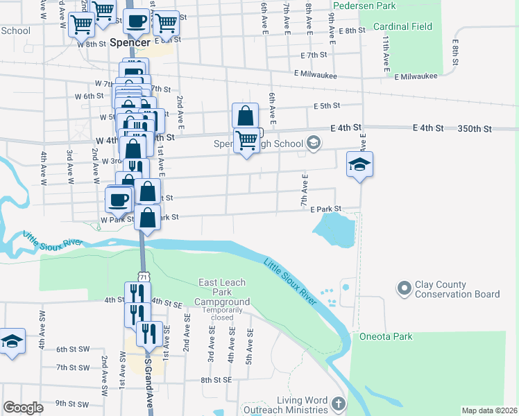map of restaurants, bars, coffee shops, grocery stores, and more near 500 East 1st Street in Spencer