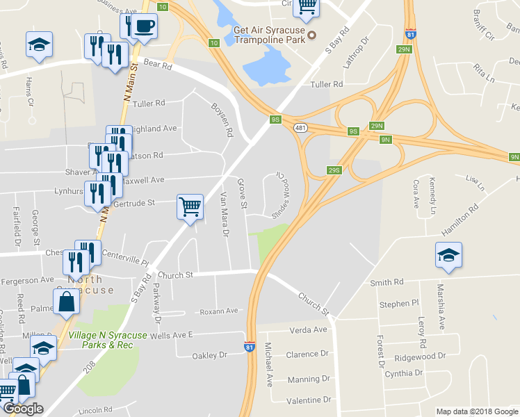 map of restaurants, bars, coffee shops, grocery stores, and more near 194 Slindes Wood Circle in Syracuse