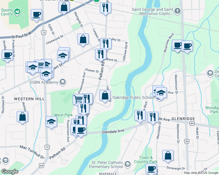 map of restaurants, bars, coffee shops, grocery stores, and more near 85 Hillview Road in St. Catharines