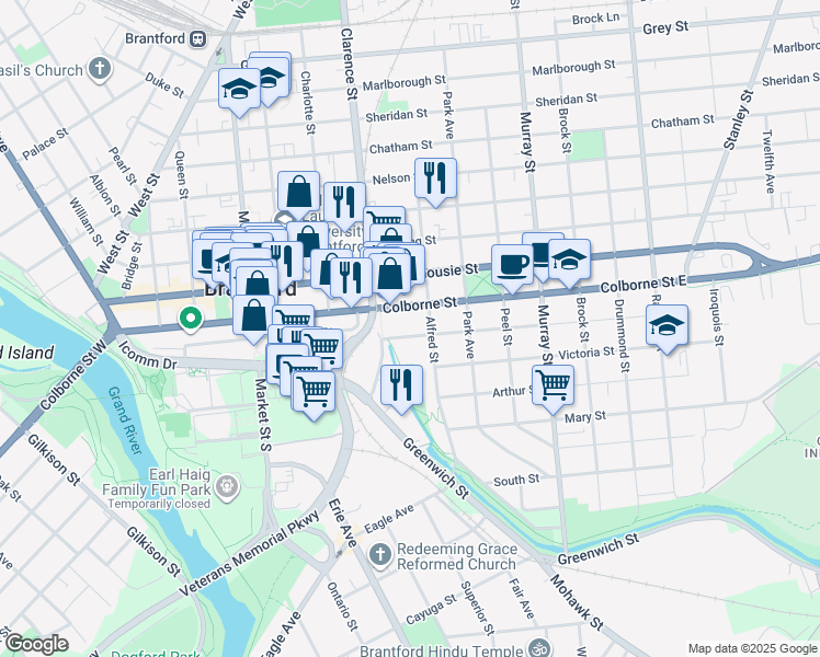 map of restaurants, bars, coffee shops, grocery stores, and more near in Brantford