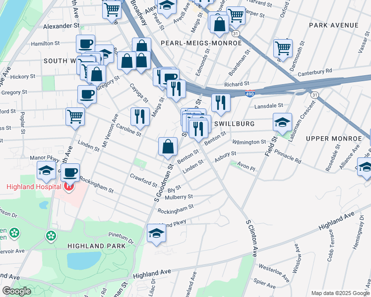 map of restaurants, bars, coffee shops, grocery stores, and more near 400 Caroline Street in Rochester