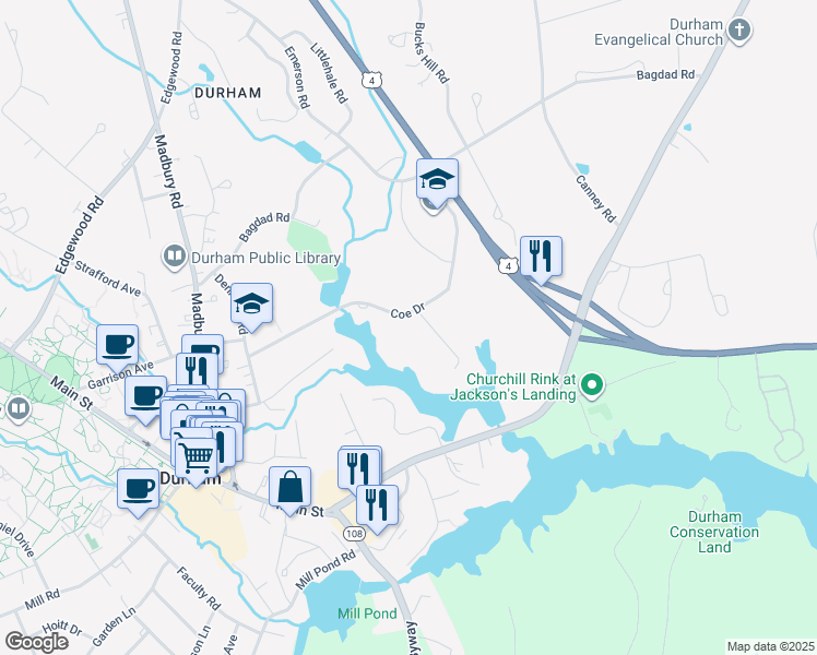 map of restaurants, bars, coffee shops, grocery stores, and more near 38 Coe Drive in Durham