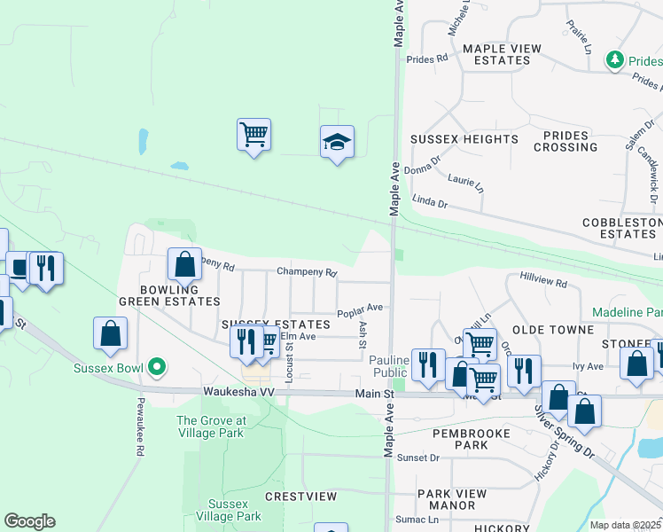 map of restaurants, bars, coffee shops, grocery stores, and more near N66W24148 Champeny Road in Sussex